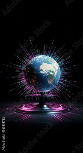 Global Network Connection - Futuristic earth globe on a dark platform with vibrant energy streams, symbolizing global connectivity and data flow