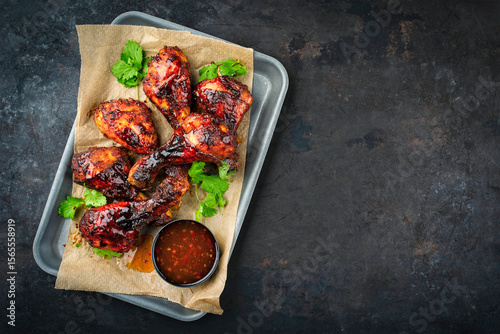 Authentical barbecue chicken drumsticks with hot chili sauce as marinade and coriander leaves served as top view on a backing sheet a paper with copy space right
