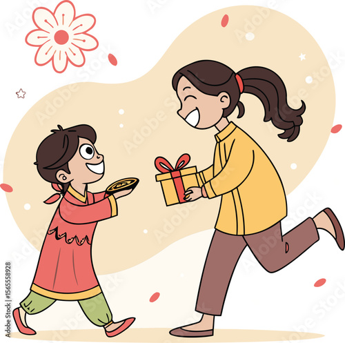 happy sister giving gift to smiling brother