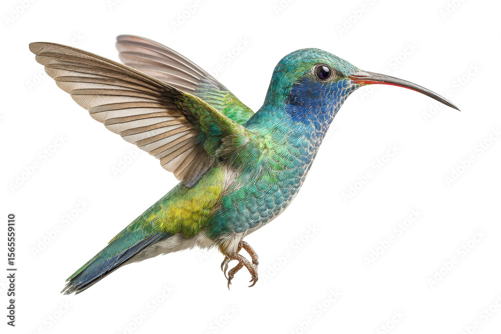 Obraz premium PNG Vibrant green hummingbird in flight with extended wings and long beak