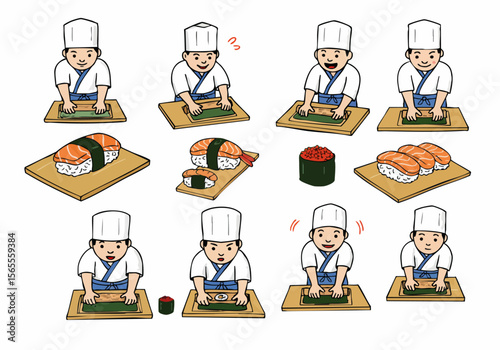 Illustration of a sushi chef making sushi and finished sushi pieces like nigiri and gunkan maki.
