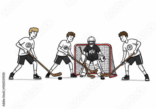 Casual street hockey game illustration with players and goalie