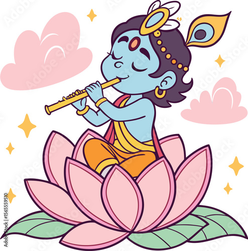 little krishna playing flute on lotus flower