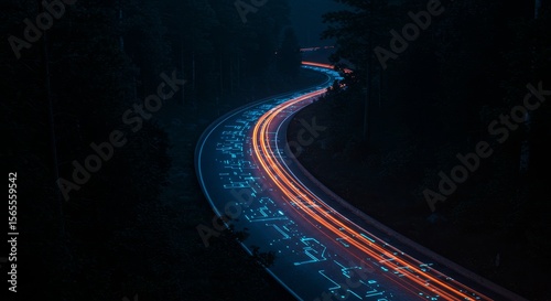 Highway: The Road to Tomorrow - A winding road at night glows with futuristic circuitry, symbolizing technological progress, innovation, speed, connectivity, and the future