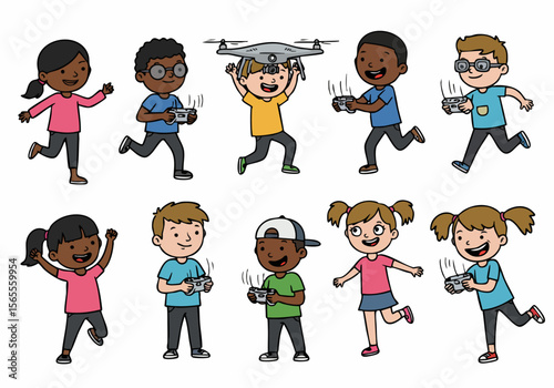 Diverse group of happy children excitedly playing with and operating a drone with remote controllers