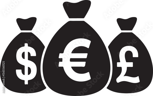 Black money bags with currency symbols dollar euro pound vector