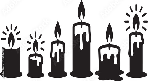 Black silhouette of six burning candles of varying heights and styles flame dripping
