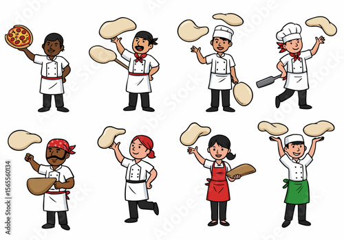 Diverse cartoon pizza chefs preparing and tossing pizza dough, and holding finished pizzas, illustrated set of characters.
