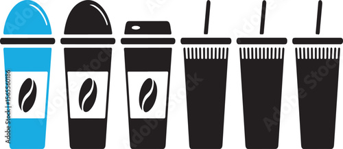 Blue and black coffee cups with beans and straws drinks beverages