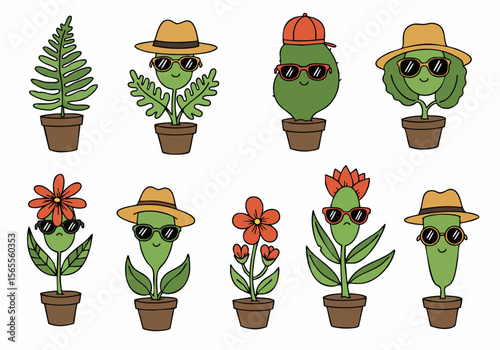 Cute and Funny Cartoon Potted Plants with Faces and Accessories like Sunglasses, Hats, and Caps, Collection Isolated on White Background