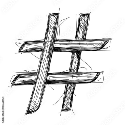 Sketch of a hashtag symbol in black and white line art style  