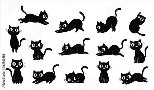 Cute Black Cat Silhouettes in Various Poses, Collection of playful, cartoonish black cat silhouettes in different poses.