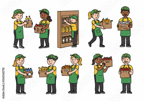 Diverse group of grocery store workers in uniform stocking shelves and carrying boxes of fresh produce and various items.