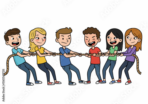 Cartoon illustration of young people playing tug-of-war, demonstrating teamwork, effort, and friendly competition on a white background.