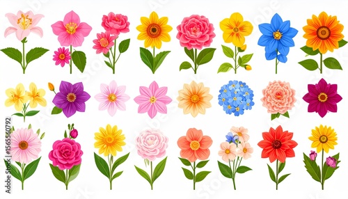 Diverse Collection of Colorful Flowers with Varied Petals and Leaves on a Bright Background