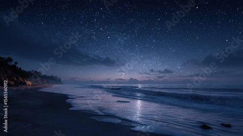 The beach is at night under the starry