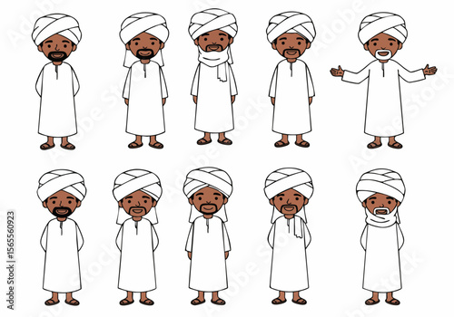 Diverse collection of cartoon men characters in traditional white thobes and turbans, featuring various poses and expressions, isolated on white background.