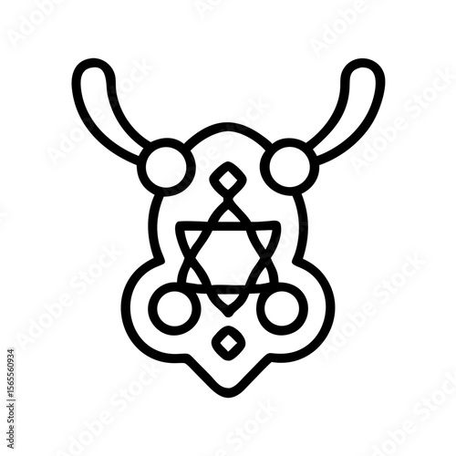 Minimalist style stylized outline illustration of esoteric amulet or talisman with occult symbols