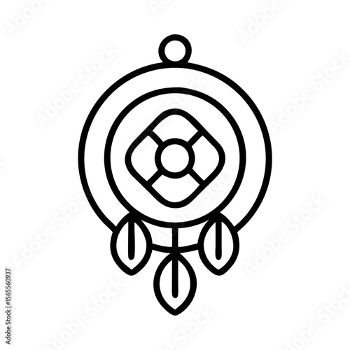 Simple Line Drawing of a Dream Catcher with Hanging Leaves Design