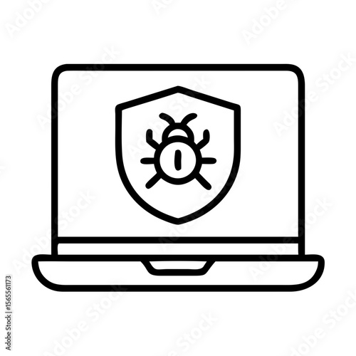 Laptop with security shield showing bug malware icon indicating virus infection