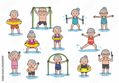 Illustration of active senior citizens enjoying water activities like swimming, exercise, and using inflatable rings in a pool, promoting a healthy and happy retirement.