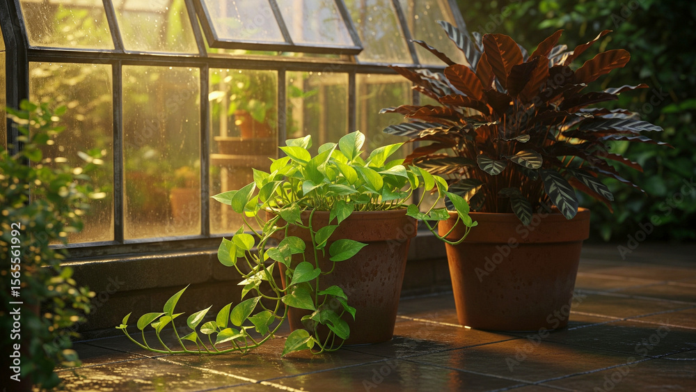 Obraz premium Golden Pothos and Calathea Plants in Terracotta Pots near Greenhouse Window in Warm Sunlight