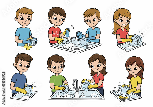 Cartoon illustration of people washing dishes at home showing kids and adults doing household chores together