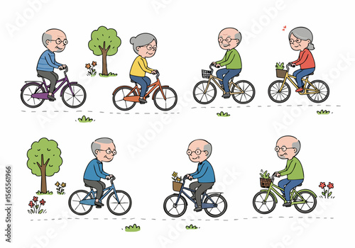 Cartoon set of active senior citizens riding bicycles outdoors, depicting healthy lifestyle and leisure in a park or nature setting.