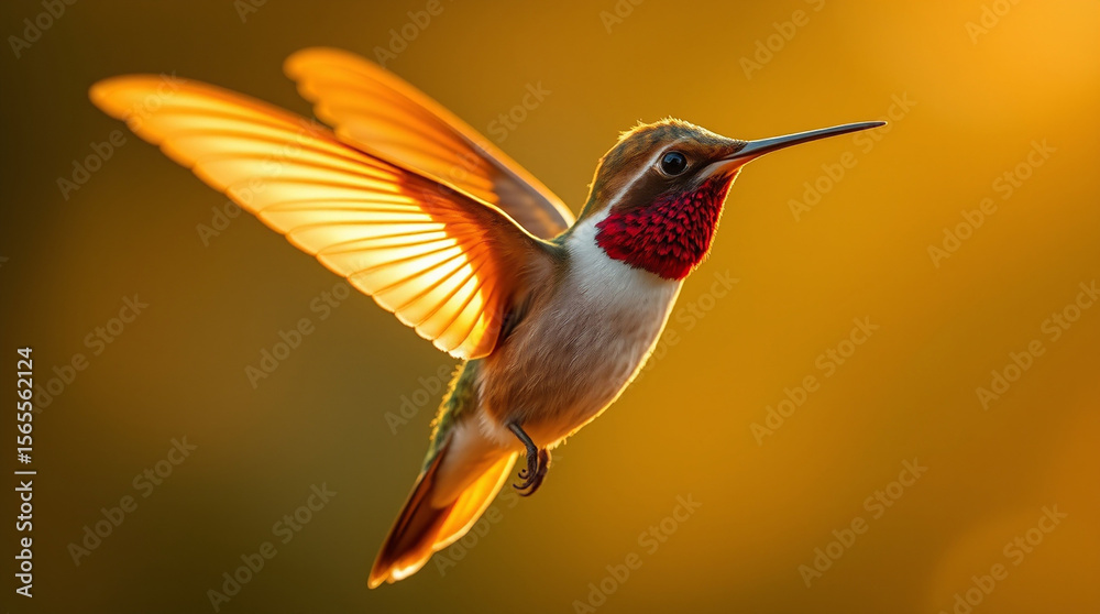 Naklejka premium A graceful and elegant hummingbird bathed in a warm golden glow, refined features, radiant and luxurious