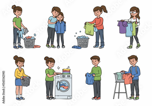 Various people performing laundry tasks: sorting, washing, folding, and hanging clothes, illustrating the daily routine of cleaning and caring for garments.