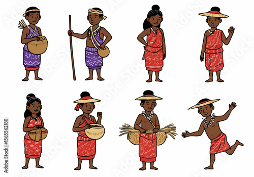 Illustration of a diverse group of cartoon indigenous people in traditional clothing, engaged in various activities like carrying baskets and materials, representing tribal culture and heritage.