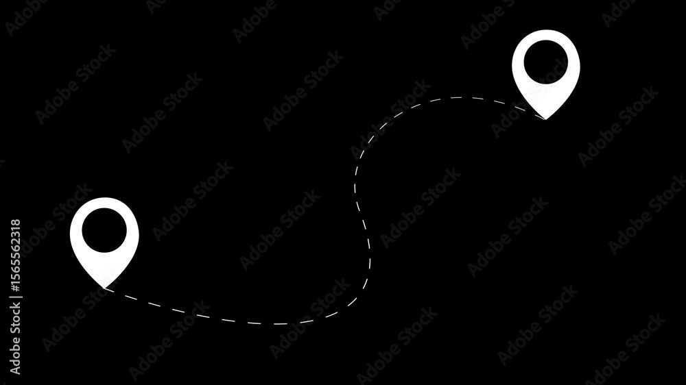 Animated destination, path, and route icon showing map, location pin, and dotted travel line for navigation, j