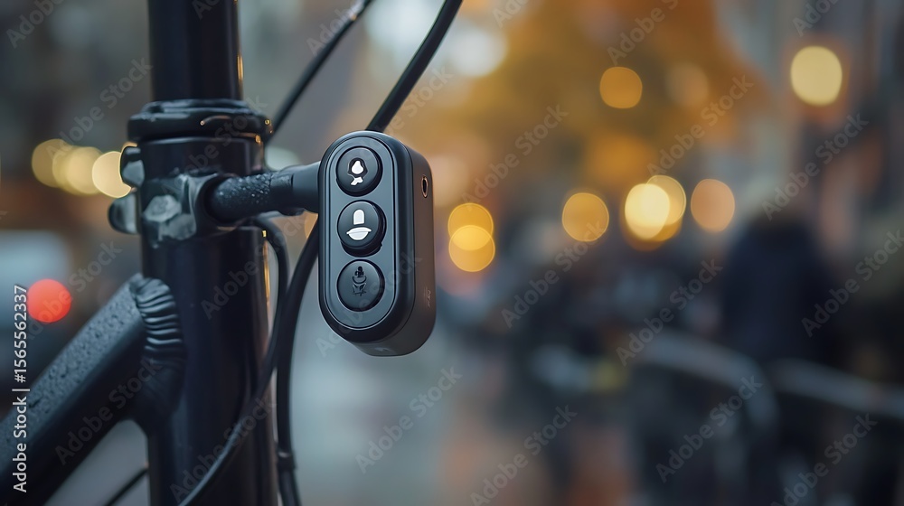 Fototapeta premium A premium bike lock placed on the left, softly blurred urban street background