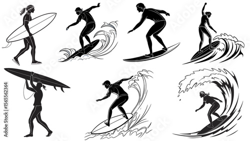 Surfing Vector Illustration Set – Ocean, Waves, Surfboards, Beach Life Design Elements