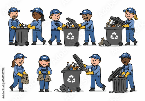 Set of cartoon sanitation workers collecting garbage and recycling with trash bins and bags, showing diverse people performing essential cleanup tasks.