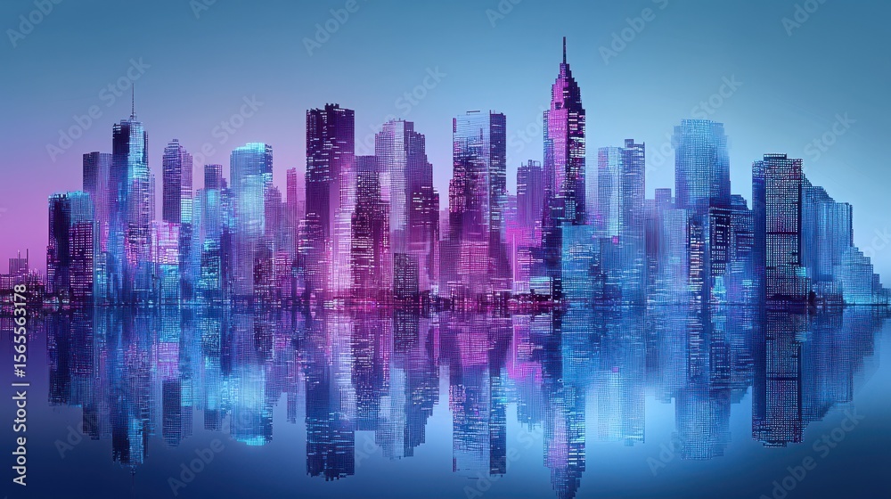 Fototapeta premium Colorful city skyline reflected in still water at night.