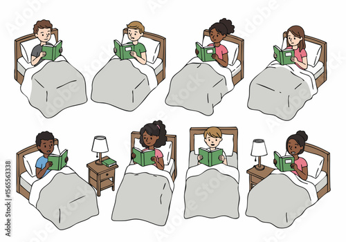 Illustration of diverse children and teenagers relaxing and reading books in their beds during the evening or bedtime.