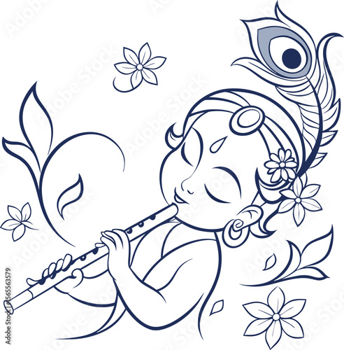 lord krishna playing flute line art drawing