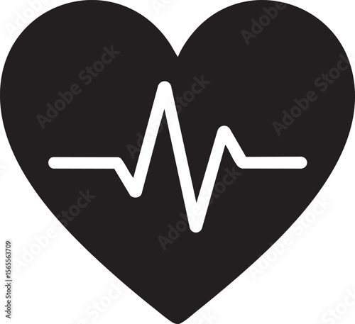 Stylized Black Heart Silhouette with White Heartbeat Line Symbolizing Health Love and Vitality in Minimalist Design