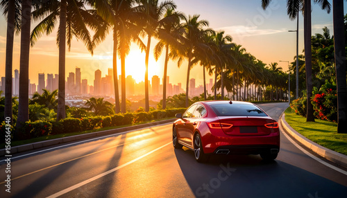 Wallpaper Mural Red car sunset tropical city drive. Torontodigital.ca