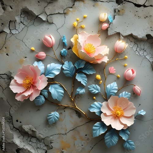 old cement texture with floral seamless pattern background Generative AI 