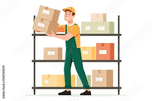 Cartoon character, a warehouse worker in green overalls and a yellow cap, is lifting cardboard boxes in a storage area, showcasing the logistics and inventory management process