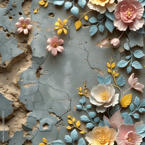 old cement texture with floral seamless pattern background Generative AI 
