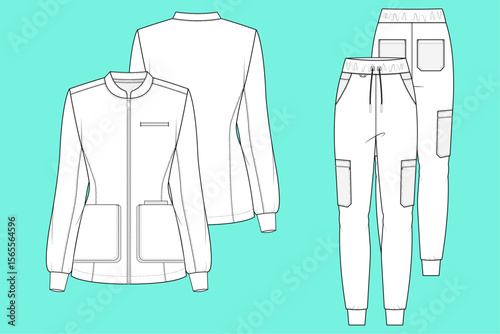 Women's Medical Scrub Jacket with Jogger fashion flat sketch template outline CAD mockup front and back views.