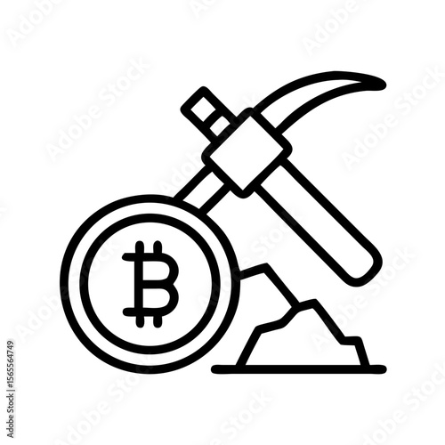 Cryptocurrency mining concept with pickaxe and Bitcoin representing digital wealth generation