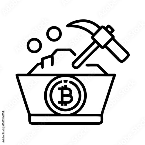 Conceptual illustration of Bitcoin mining with pickaxe and treasure chest outline