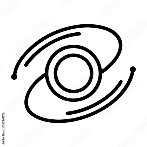 Stylized black and white galaxy icon with circular center and orbiting lines