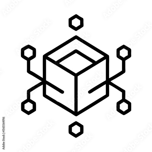 Interconnected cube with surrounding hexagons representing a decentralized network structure