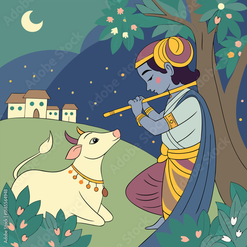 krishna playing flute near cow at night time