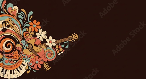 Groovy 70s Music Background Retro Floral Guitar Design